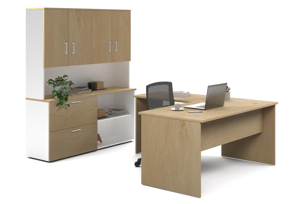 Uniform Panel L-Shaped Executive Setting - White Carcass [1600L x 1600W]-maple lateral 2 drawer + open bookcase closed hutch