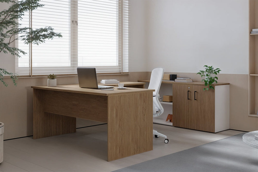 Uniform Panel L-Shaped Executive Setting - White Carcass [1600L x 1600W]-dark oak sliding 2 door + open bookcase closed hutch