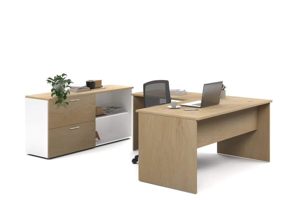 Uniform Panel L-Shaped Executive Setting - White Carcass [1600L x 1600W]-maple lateral 2 drawer + open bookcase none