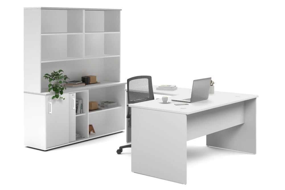 Uniform Panel L-Shaped Executive Setting - White Carcass [1600L x 1600W]-white sliding 2 door + open bookcase open hutch