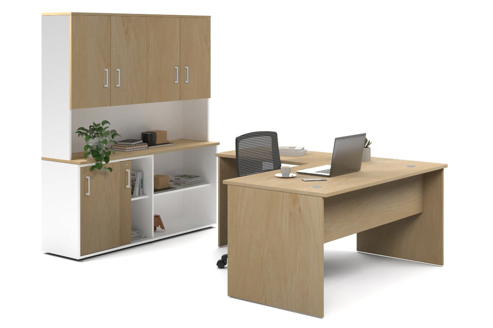 Uniform Panel L-Shaped Executive Setting - White Carcass [1600L x 1600W]-maple sliding 2 door + open bookcase closed hutch