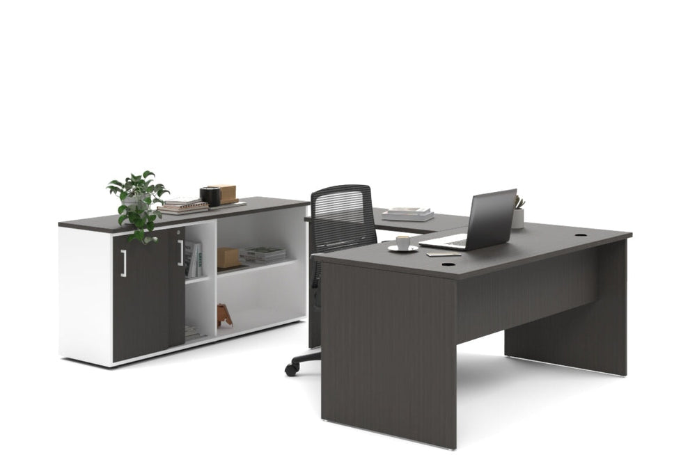 Uniform Panel L-Shaped Executive Setting - White Carcass [1600L x 1600W]-dark oak sliding 2 door + open bookcase none