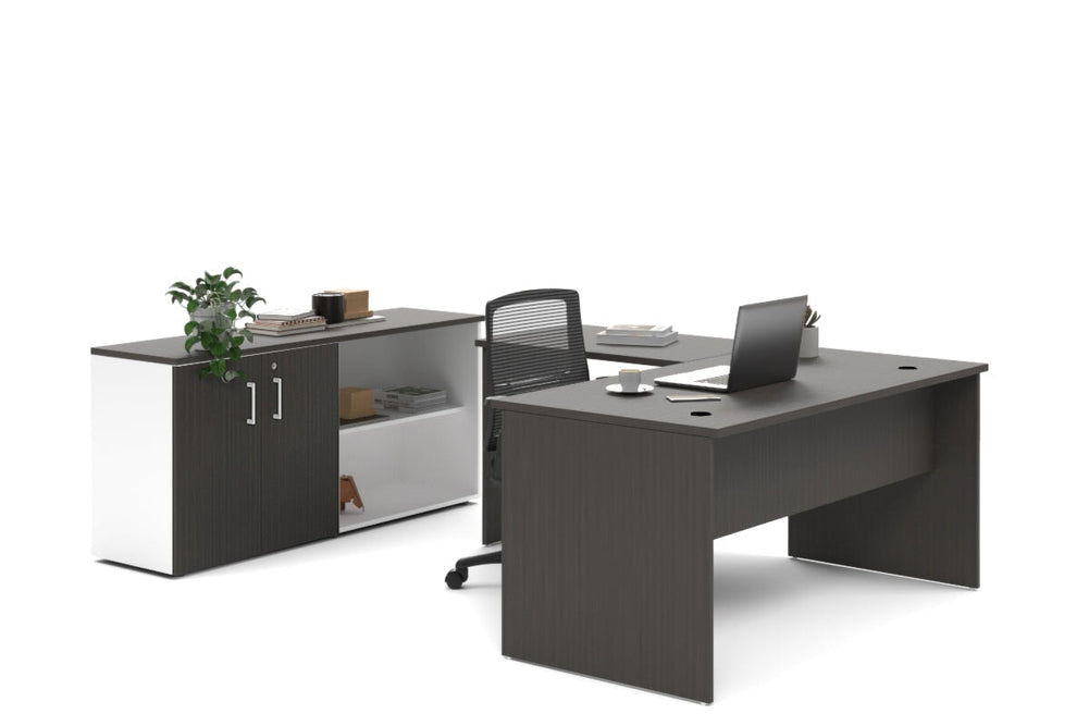 Uniform Panel L-Shaped Executive Setting - White Carcass [1600L x 1600W]-dark oak uniform 2 door + open bookcase none