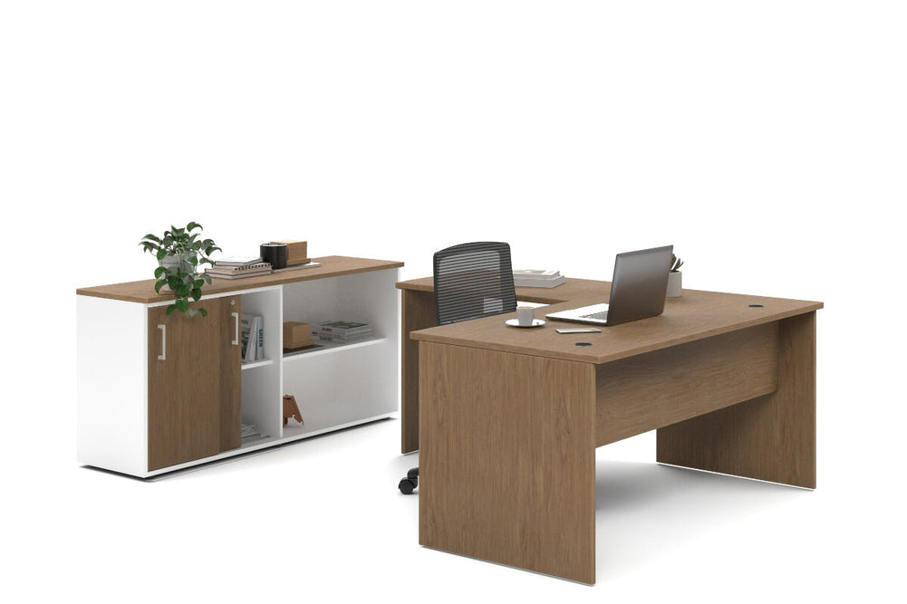 Uniform Panel L-Shaped Executive Setting - White Carcass [1600L x 1600W]-salvage oak sliding 2 door + open bookcase none