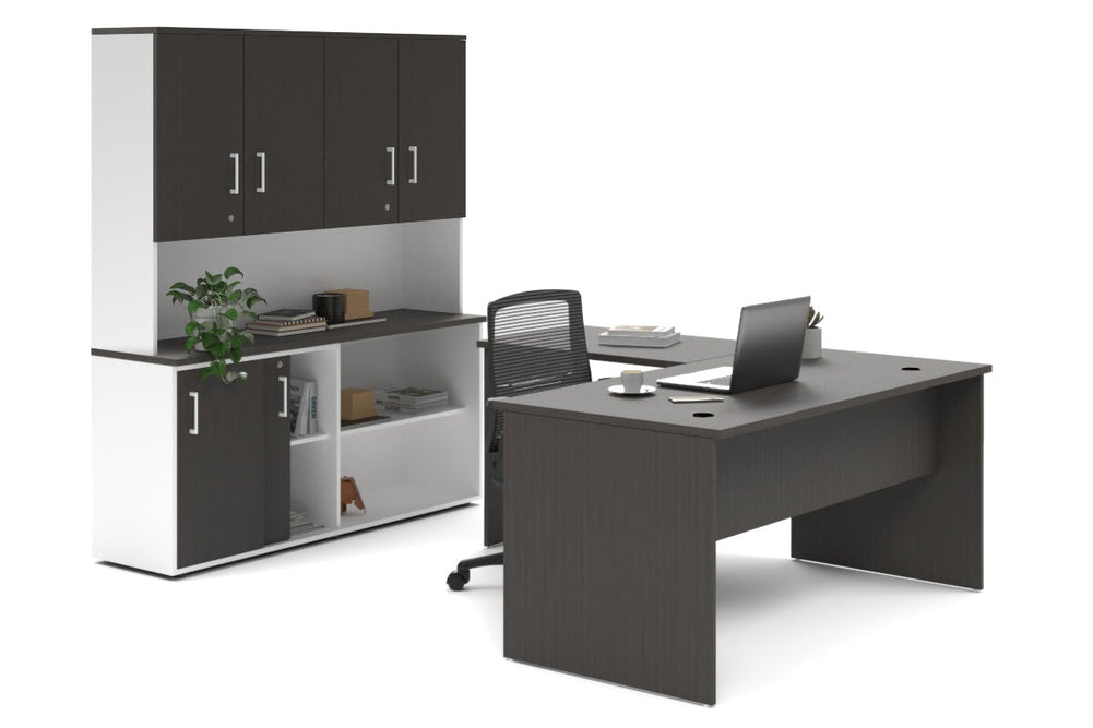 Uniform Panel L-Shaped Executive Setting - White Carcass [1600L x 1600W]-dark oak sliding 2 door + open bookcase closed hutch