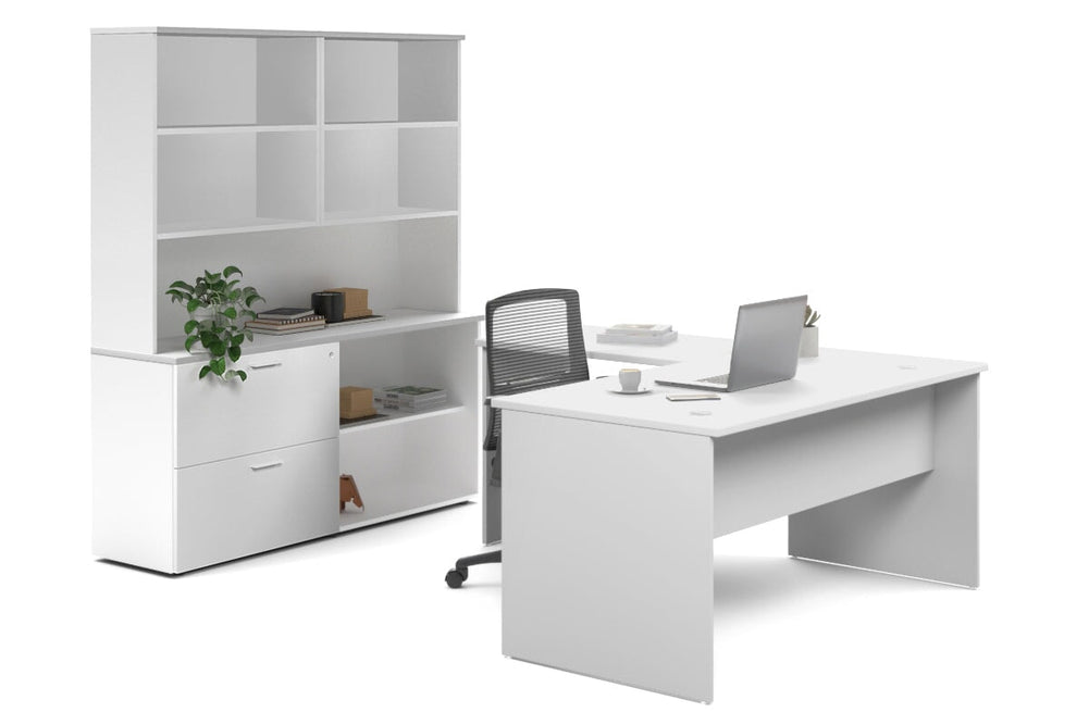 Uniform Panel L-Shaped Executive Setting - White Carcass [1600L x 1600W]-white lateral 2 drawer + open bookcase open hutch