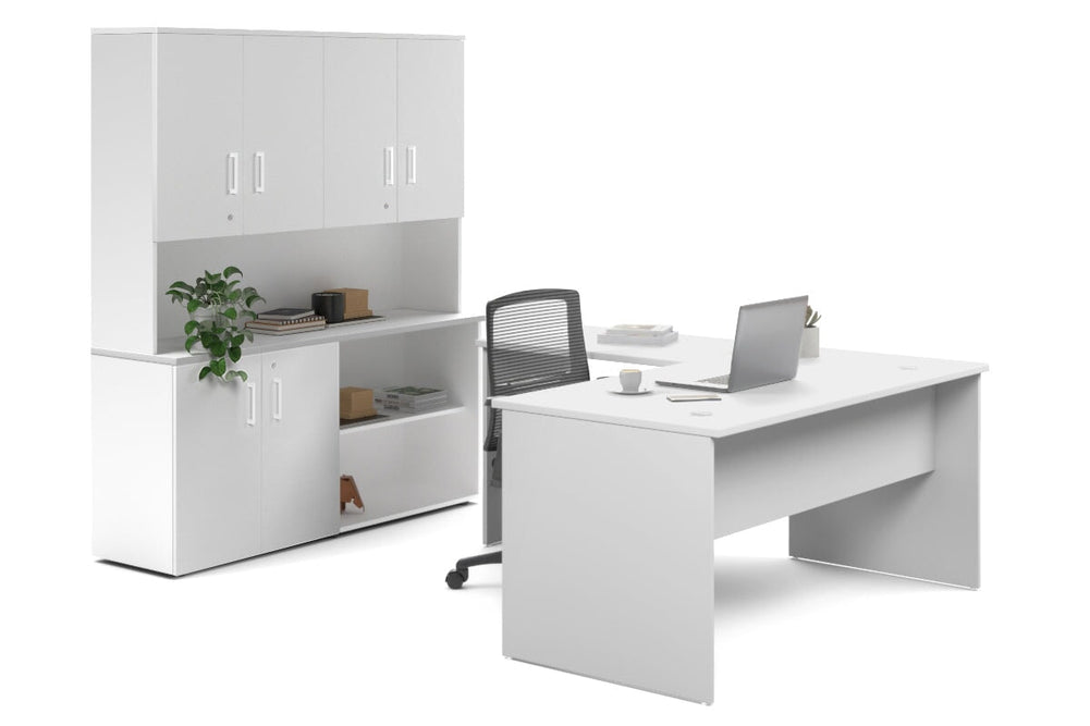 Uniform Panel L-Shaped Executive Setting - White Carcass [1600L x 1600W]-white uniform 2 door + open bookcase closed hutch