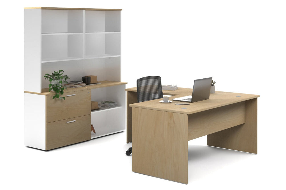 Uniform Panel L-Shaped Executive Setting - White Carcass [1600L x 1600W]-maple lateral 2 drawer + open bookcase open hutch