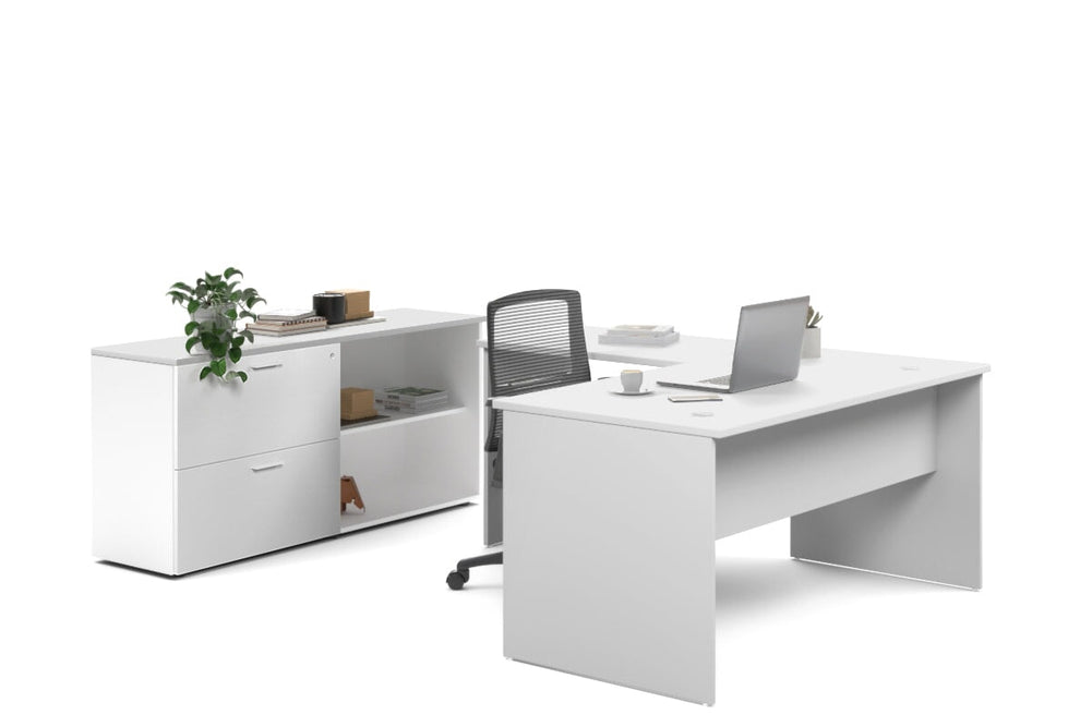 Uniform Panel L-Shaped Executive Setting - White Carcass [1600L x 1600W]-white lateral 2 drawer + open bookcase none
