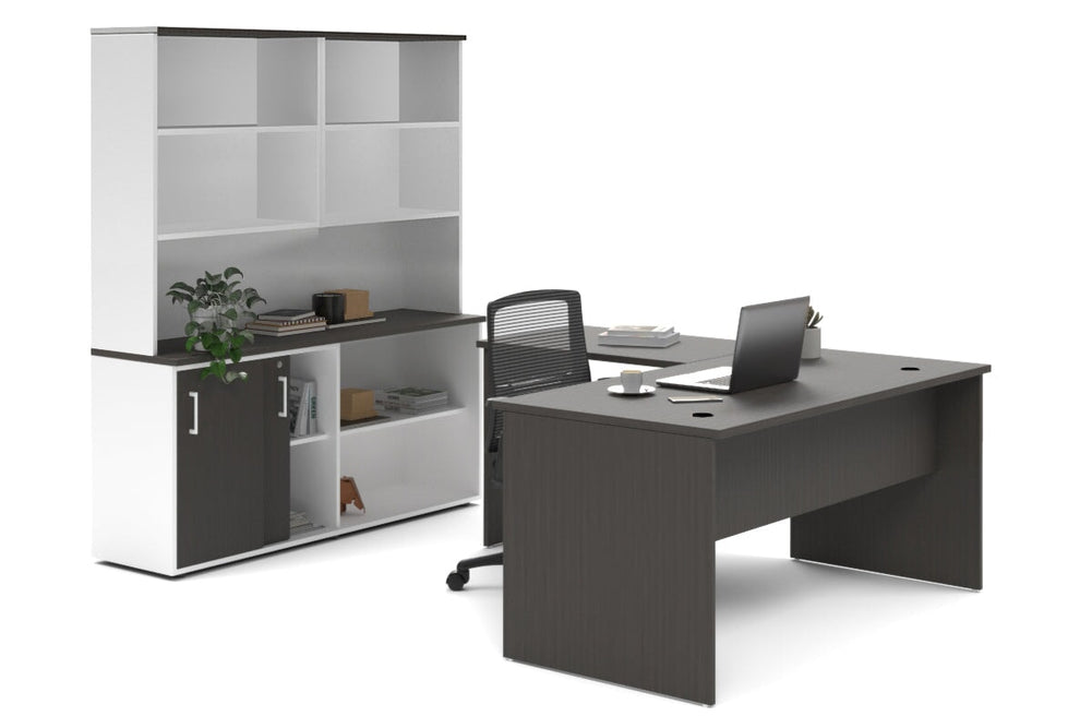 Uniform Panel L-Shaped Executive Setting - White Carcass [1600L x 1600W]-dark oak sliding 2 door + open bookcase open hutch