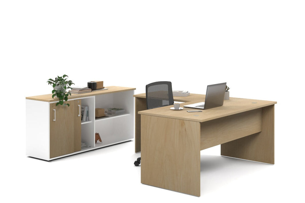 Uniform Panel L-Shaped Executive Setting - White Carcass [1600L x 1600W]-maple sliding 2 door + open bookcase none
