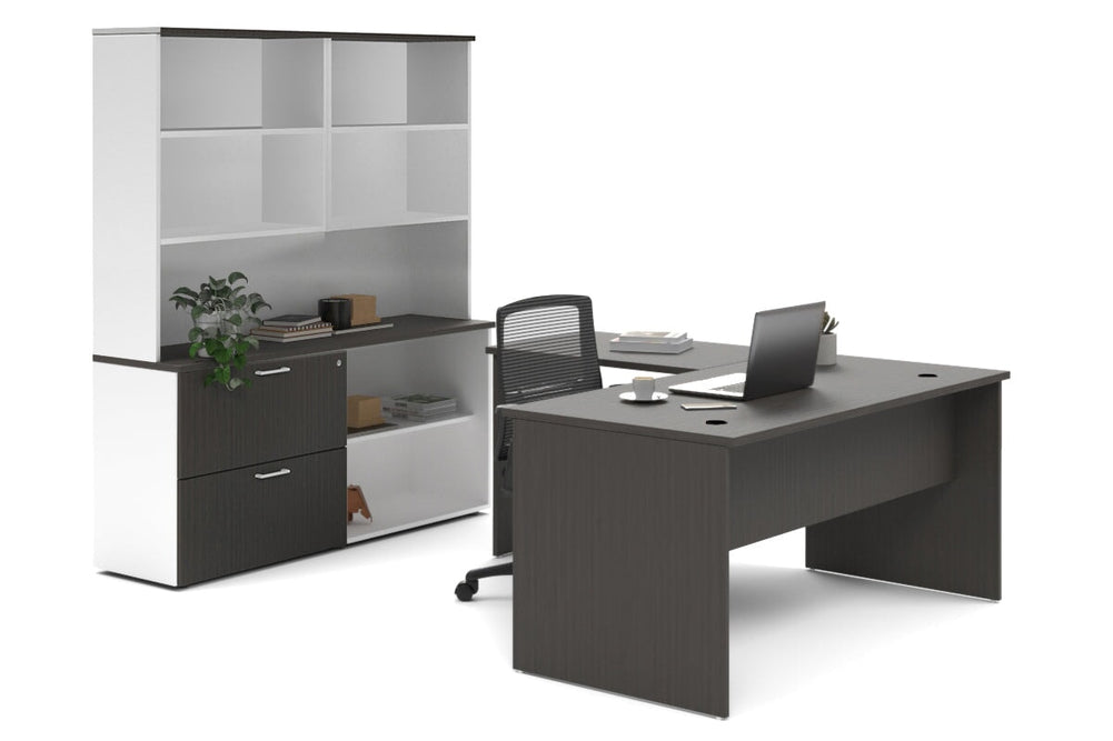 Uniform Panel L-Shaped Executive Setting - White Carcass [1600L x 1600W]-dark oak lateral 2 drawer + open bookcase open hutch
