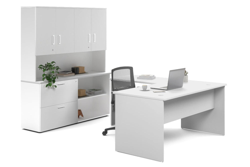 Uniform Panel L-Shaped Executive Setting - White Carcass [1600L x 1600W]-white lateral 2 drawer + open bookcase closed hutch
