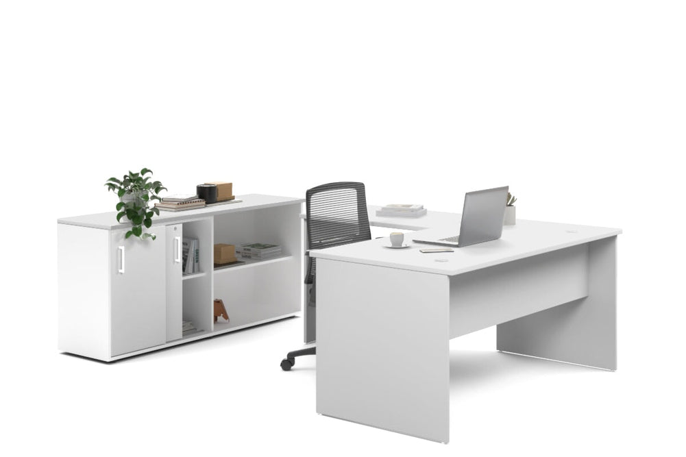 Uniform Panel L-Shaped Executive Setting - White Carcass [1600L x 1600W]-white sliding 2 door + open bookcase none