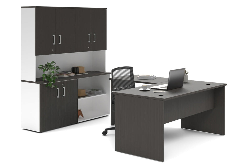 Uniform Panel L-Shaped Executive Setting - White Carcass [1600L x 1600W]-dark oak uniform 2 door + open bookcase closed hutch