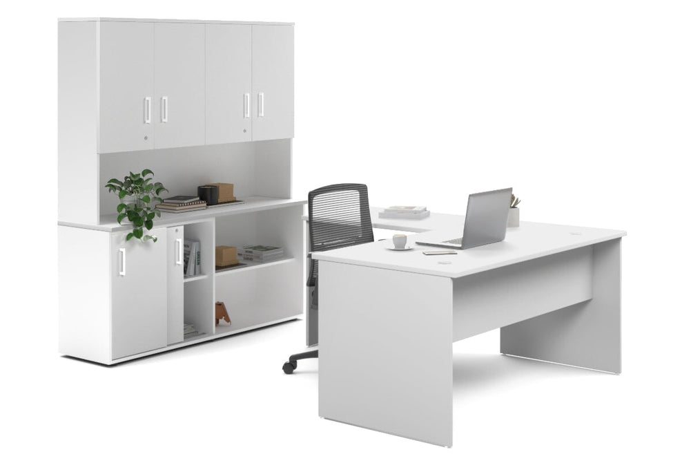 Uniform Panel L-Shaped Executive Setting - White Carcass [1600L x 1600W]-white sliding 2 door + open bookcase closed hutch
