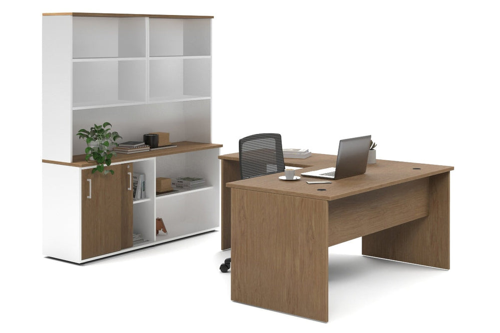 Uniform Panel L-Shaped Executive Setting - White Carcass [1600L x 1600W]-salvage oak sliding 2 door + open bookcase open hutch