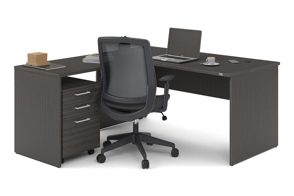 Uniform Panel Return Desk [1600L x 1600W]-dark oak white metal 