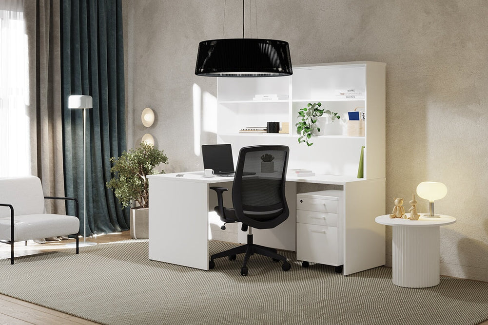 Uniform Panel Return Office Desk with Open Hutch [1600L x 1600W]-Black dark oak dark oak laminate