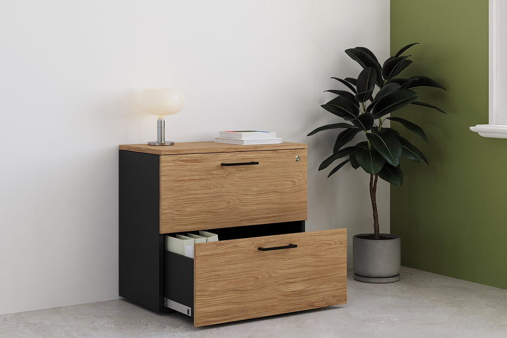 Uniform Small Drawer Lateral Filing Cabinet [ 800W x 750H x 450D]-Black dark oak black handle
