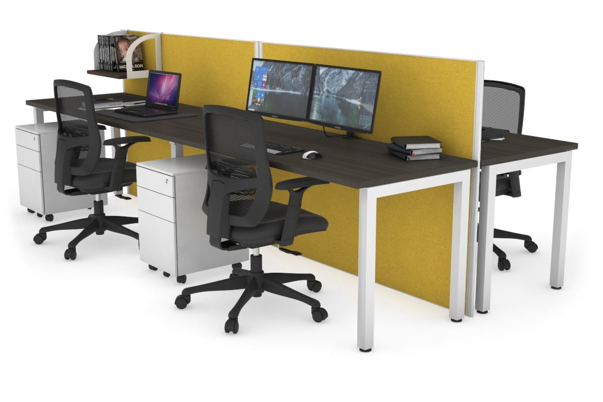 Horizon Quadro 4 Person Bench Square Leg Office Workstations [1600L x 700W] Jasonl white leg dark oak mustard yellow (1200H x 3200W)