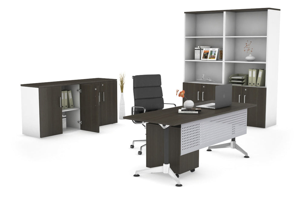 Executive Office Desk Blackjack [1600L x 700W]-dark oak silver modesty 