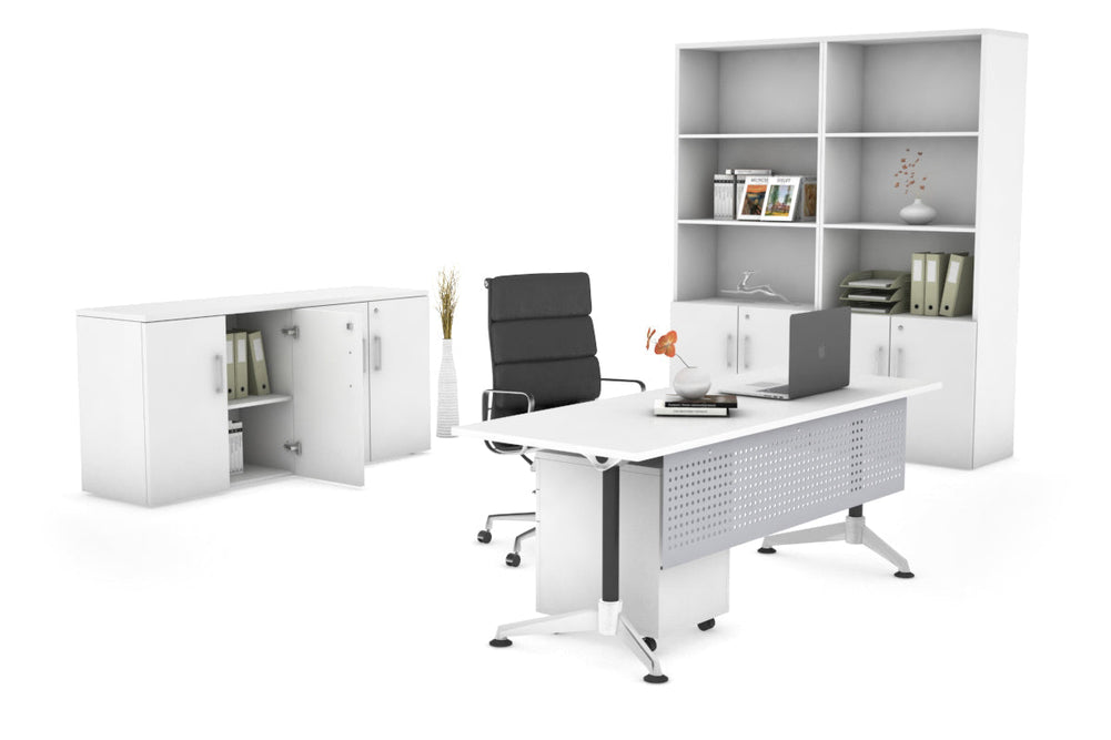 Executive Office Desk Blackjack [1600L x 700W]-white silver modesty 