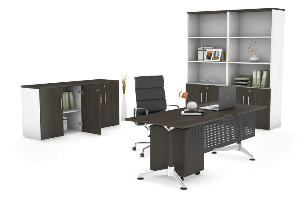 Executive Office Desk Blackjack [1600L x 800W with Cable Scallop]-dark oak black modesty 