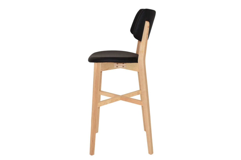 EZ Hospitality Phoenix Timber Stool with Black Vinyl Seat and Back - 760mm Seat Height-natural  