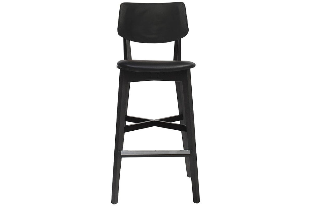 EZ Hospitality Phoenix Timber Stool with Black Vinyl Seat and Back - 760mm Seat Height-black  