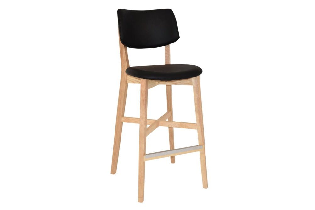 EZ Hospitality Phoenix Timber Stool with Black Vinyl Seat and Back - 760mm Seat Height-natural  