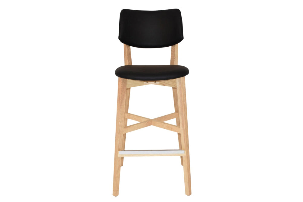 EZ Hospitality Phoenix Timber Stool with Black Vinyl Seat and Back - 760mm Seat Height-natural  
