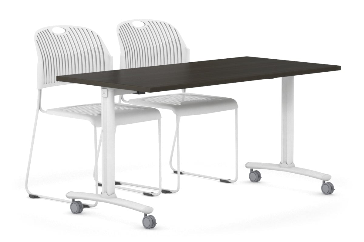 Fixed Top Mobile Meeting Room Table with Wheels Legs Domino [1200L x 700W] Jasonl white leg dark oak 
