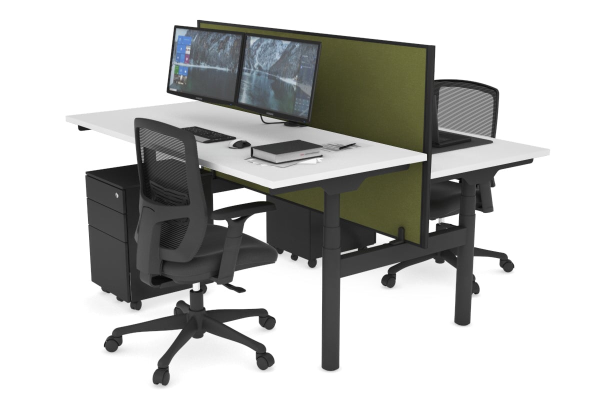Flexi Premium Height Adjustable 2 Person H-Bench Workstation - Black Frame [1200L x 700W] Jasonl white green moss (820H x 1200W) none