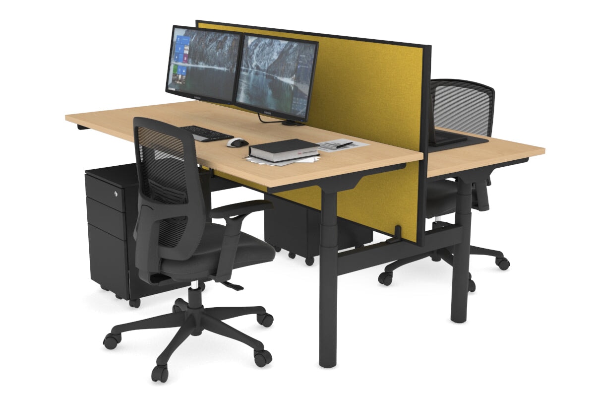Flexi Premium Height Adjustable 2 Person H-Bench Workstation - Black Frame [1200L x 700W] Jasonl maple mustard yellow (820H x 1200W) none