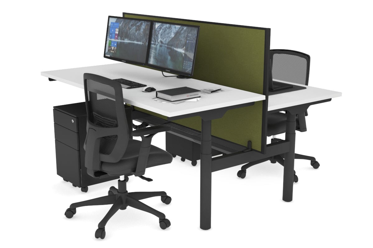Flexi Premium Height Adjustable 2 Person H-Bench Workstation - Black Frame [1200L x 700W] Jasonl white green moss (820H x 1200W) black cable tray