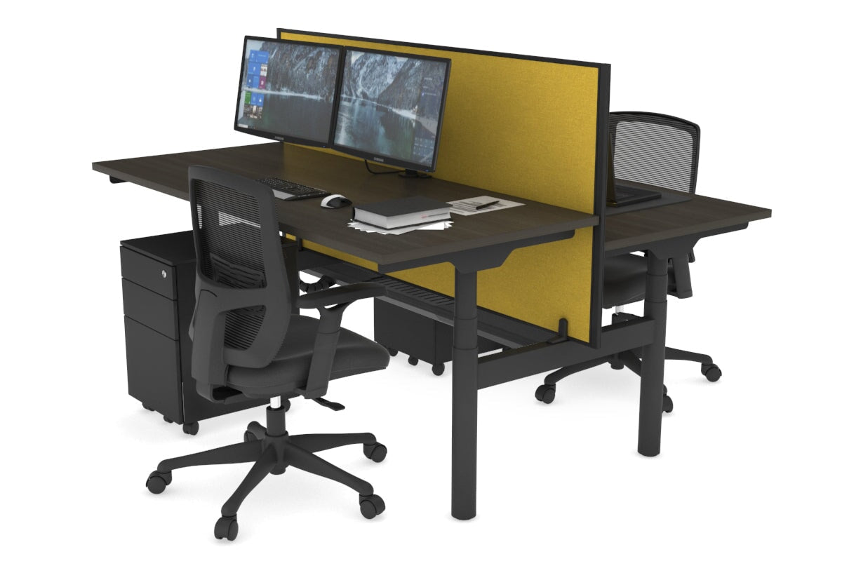 Flexi Premium Height Adjustable 2 Person H-Bench Workstation - Black Frame [1200L x 700W] Jasonl dark oak mustard yellow (820H x 1200W) black cable tray