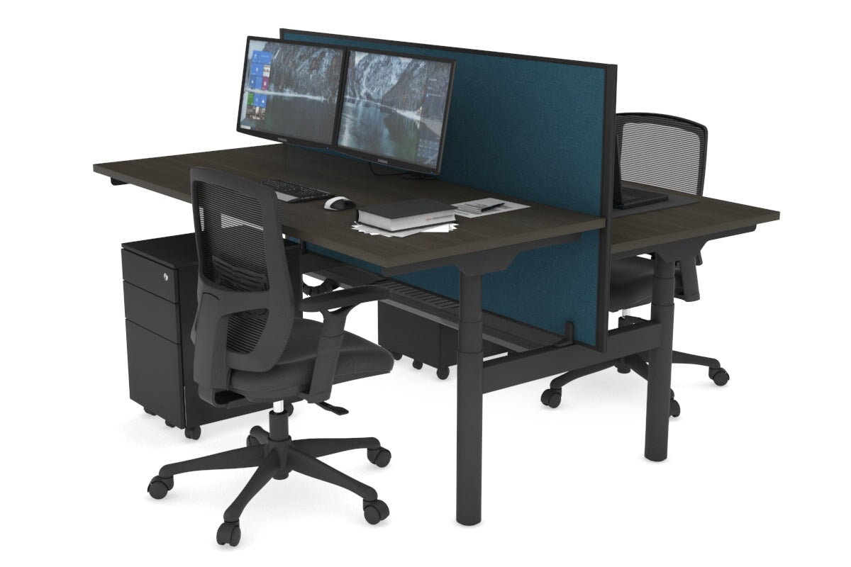 Flexi Premium Height Adjustable 2 Person H-Bench Workstation - Black Frame [1800L x 700W] Jasonl dark oak deep blue (820H x 1800W) black cable tray