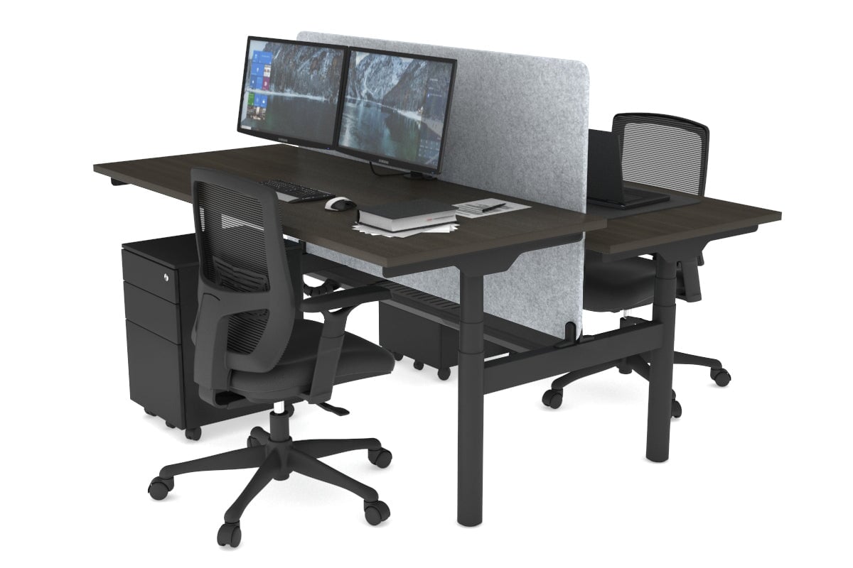 Flexi Premium Height Adjustable 2 Person H-Bench Workstation - Black Frame [1800L x 700W]-dark oak light grey echo panel (820H x 1600W) black cable tray