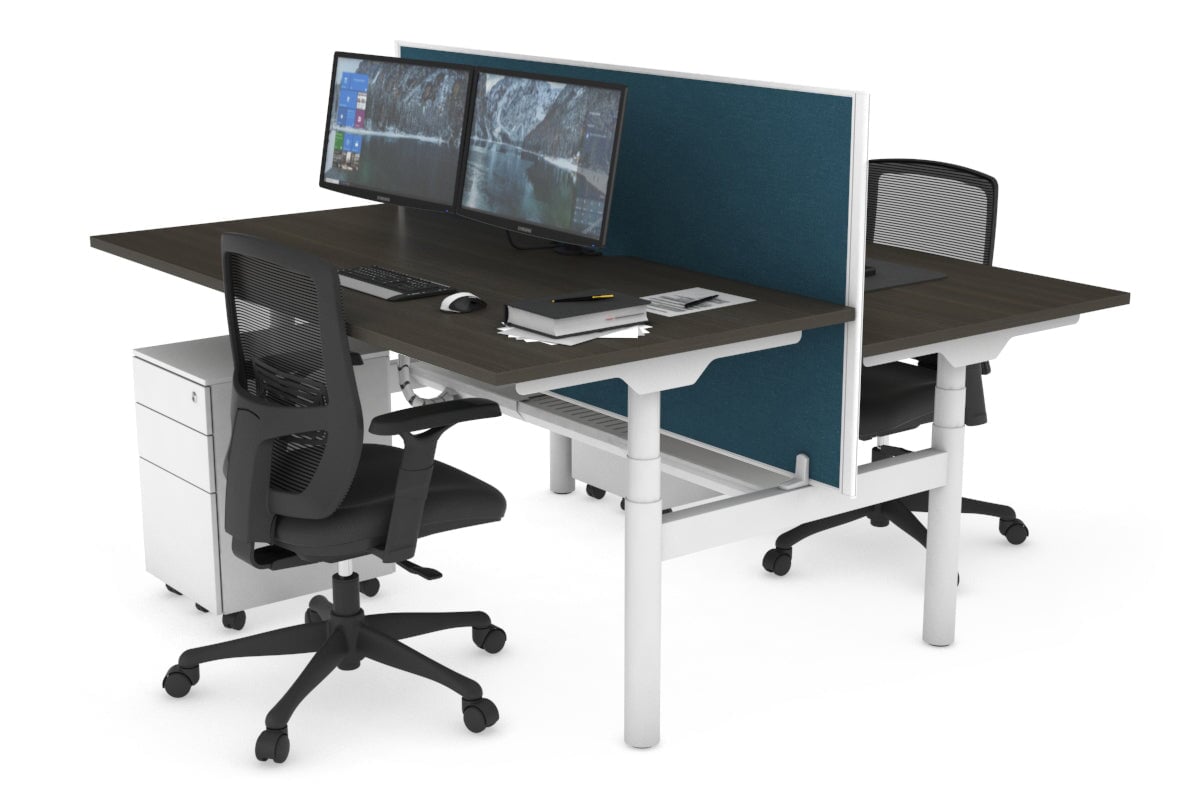 Flexi Premium Height Adjustable 2 Person H-Bench Workstation - White Frame [1200L x 800W with Cable Scallop] Jasonl dark oak deep blue (820H x 1200W) white cable tray