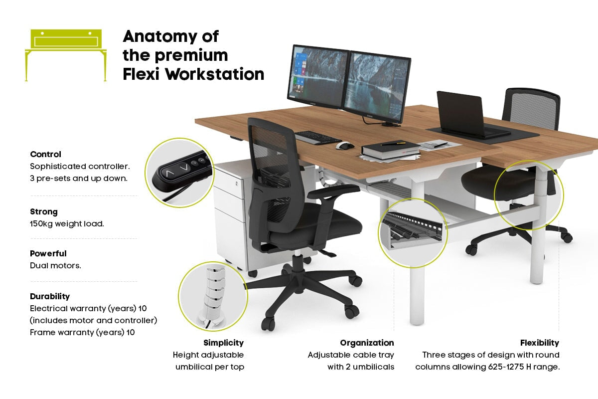 Flexi Premium Height Adjustable 2 Person H-Bench Workstation - White Frame [1200L x 800W with Cable Scallop] Jasonl 
