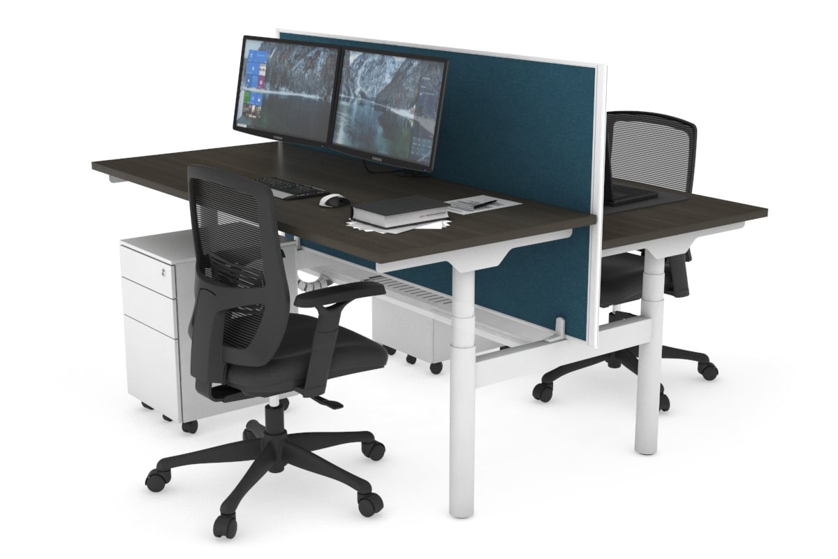 Flexi Premium Height Adjustable 2 Person H-Bench Workstation - White Frame [1800L x 700W] Jasonl dark oak deep blue (820H x 1800W) white cable tray