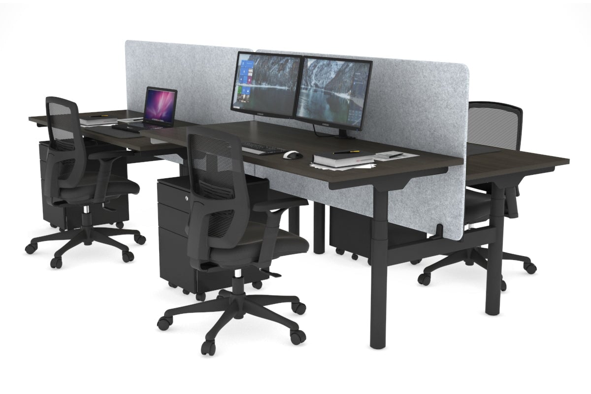 Flexi Premium Height Adjustable 4 Person H-Bench Workstation - Black Frame [1200L x 700W]-dark oak light grey echo panel (820H x 1200W) none