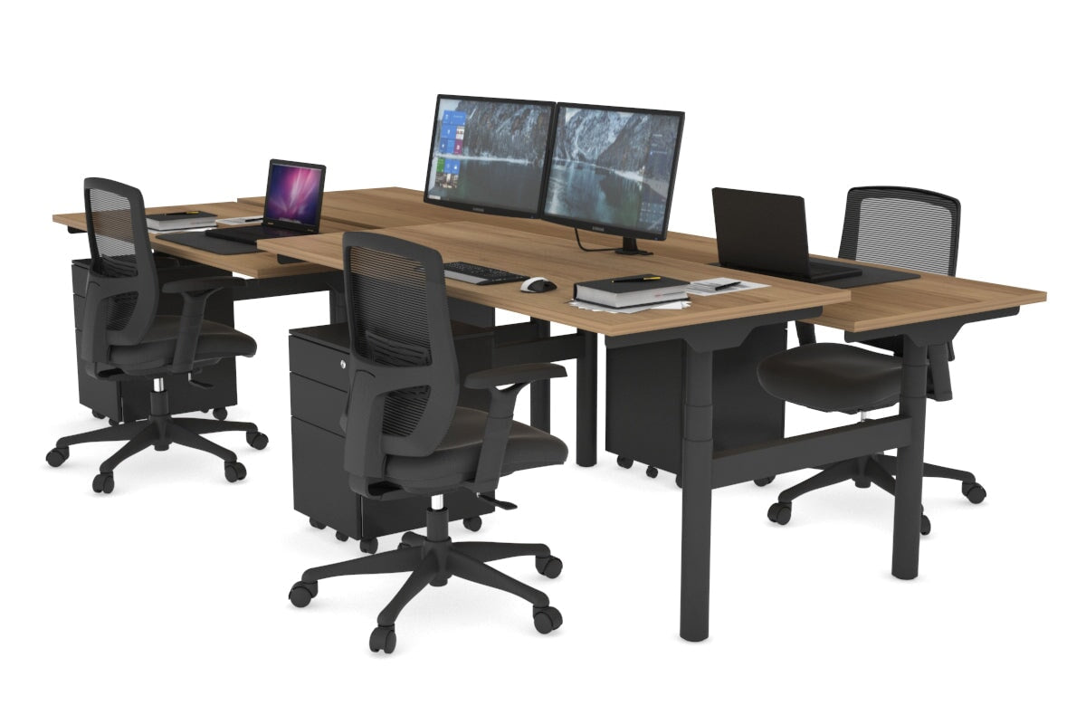 Flexi Premium Height Adjustable 4 Person H-Bench Workstation - Black Frame [1200L x 700W]-salvage oak none none