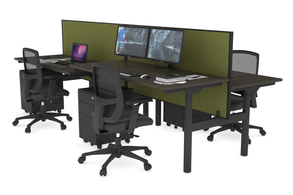 Flexi Premium Height Adjustable 4 Person H-Bench Workstation - Black Frame [1200L x 700W]-dark oak green moss (820H x 1200W) none
