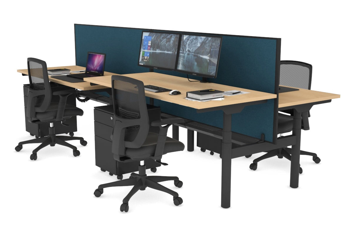 Flexi Premium Height Adjustable 4 Person H-Bench Workstation - Black Frame [1200L x 700W]-maple deep blue (820H x 1200W) black cable tray