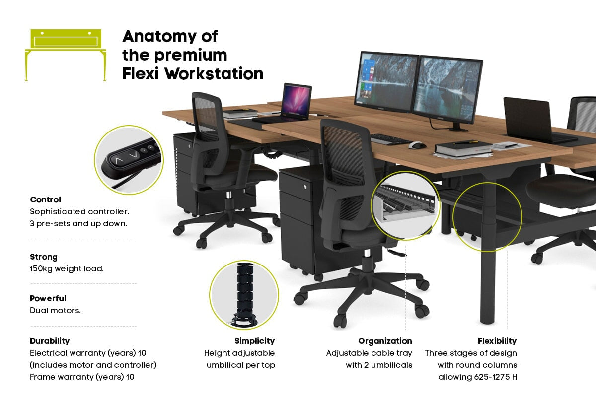 Flexi Premium Height Adjustable 4 Person H-Bench Workstation - Black Frame [1200L x 800W with Cable Scallop] Jasonl 