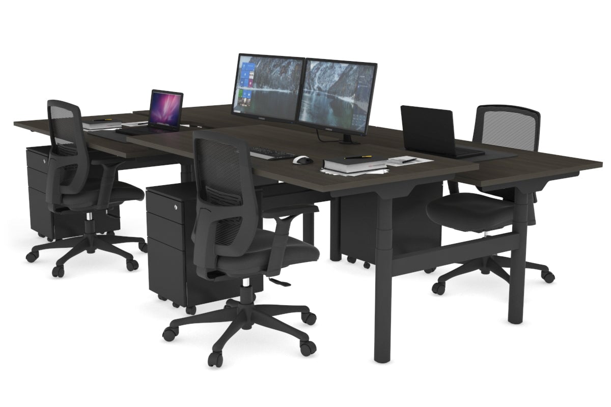 Flexi Premium Height Adjustable 4 Person H-Bench Workstation - Black Frame [1800L x 800W with Cable Scallop]-dark oak none none