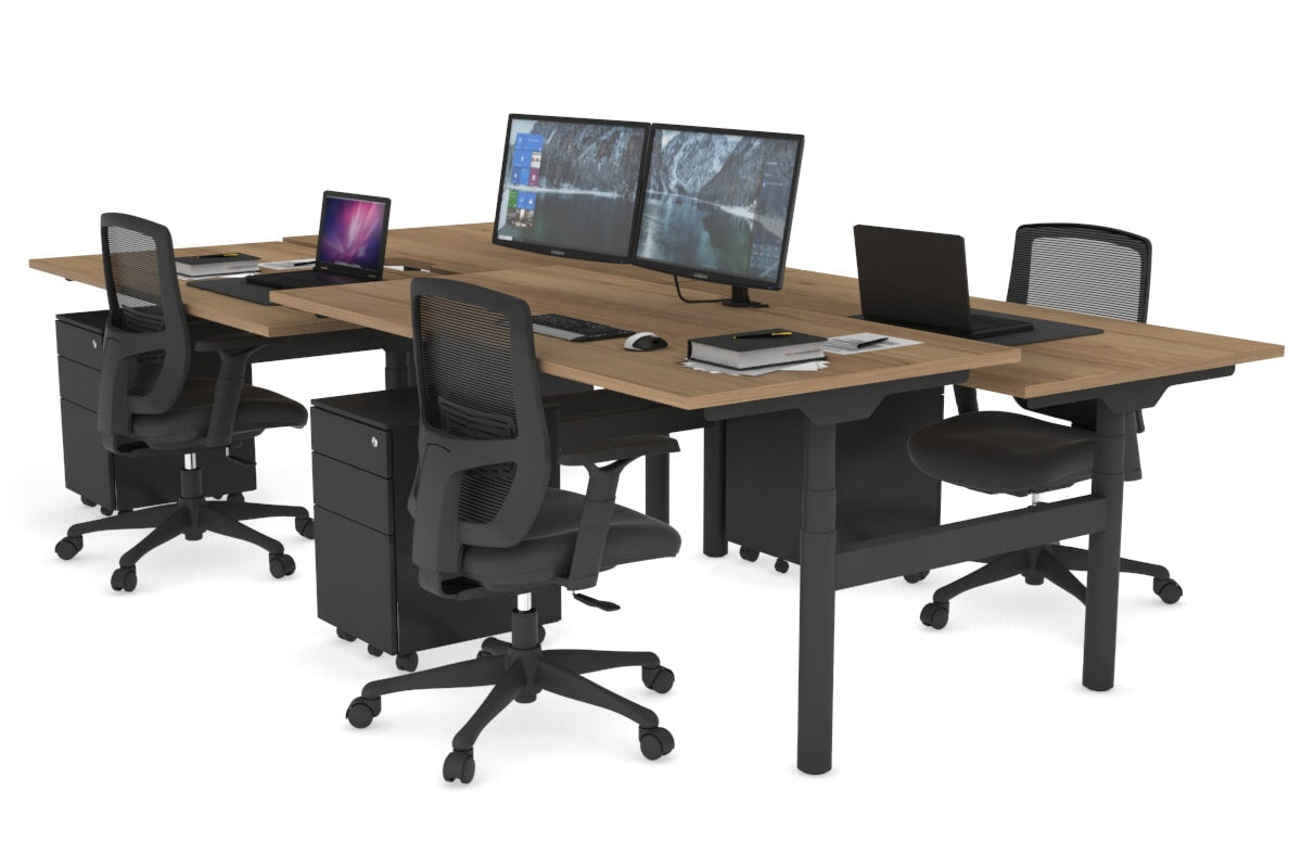 Flexi Premium Height Adjustable 4 Person H-Bench Workstation - Black Frame [1800L x 800W with Cable Scallop]-salvage oak none none