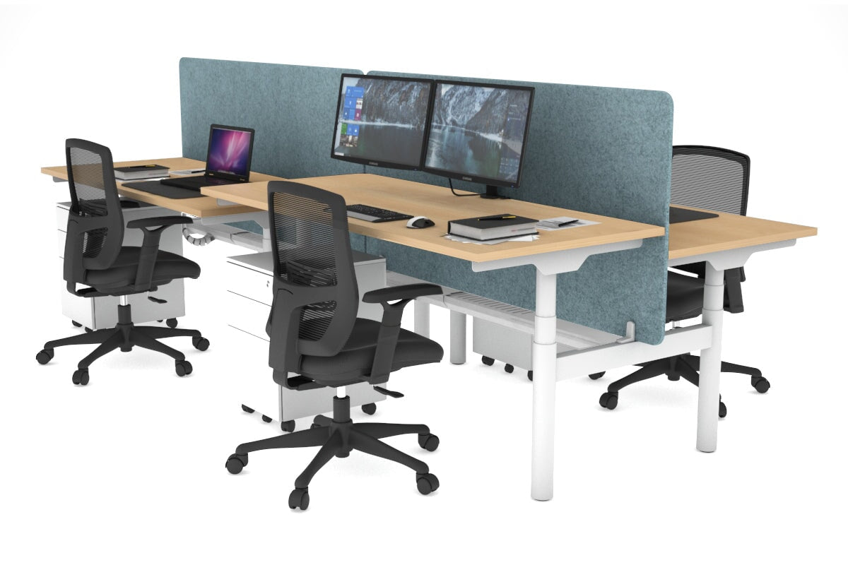 Flexi Premium Height Adjustable 4 Person H-Bench Workstation - White Frame [1600L x 700W] Jasonl maple blue echo panel (820H x 1600W) white cable tray